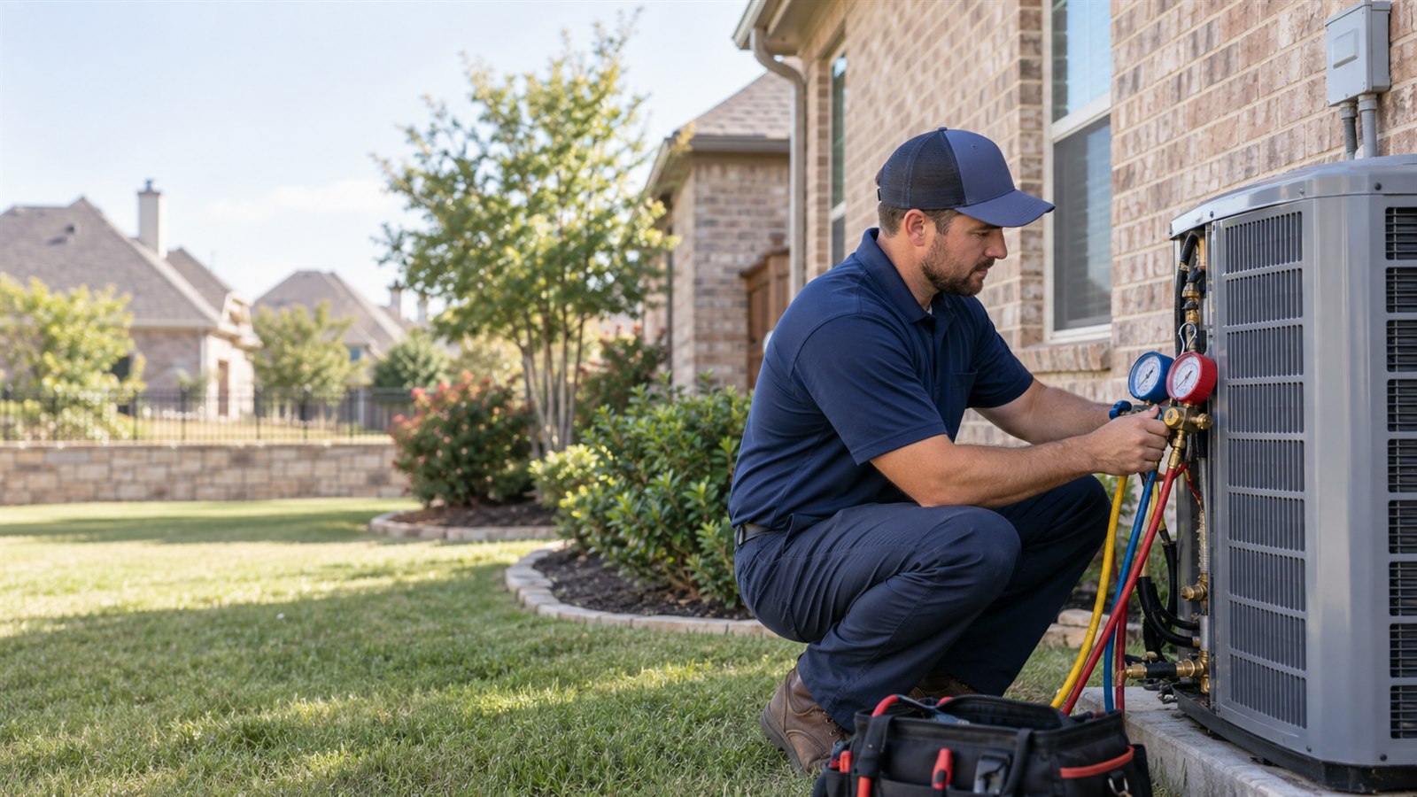 HVAC technician checking gauges on a residential outdoor air-conditioning unit